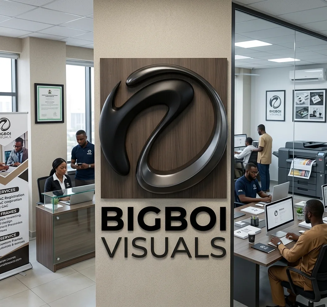 Professional branded stationery, business cards, and custom printed materials arranged on a dark studio table